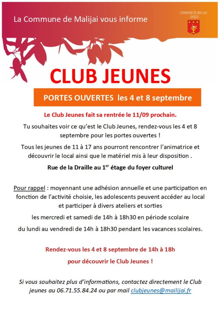 Flyer Club Jeunes PORTES OUVERTES